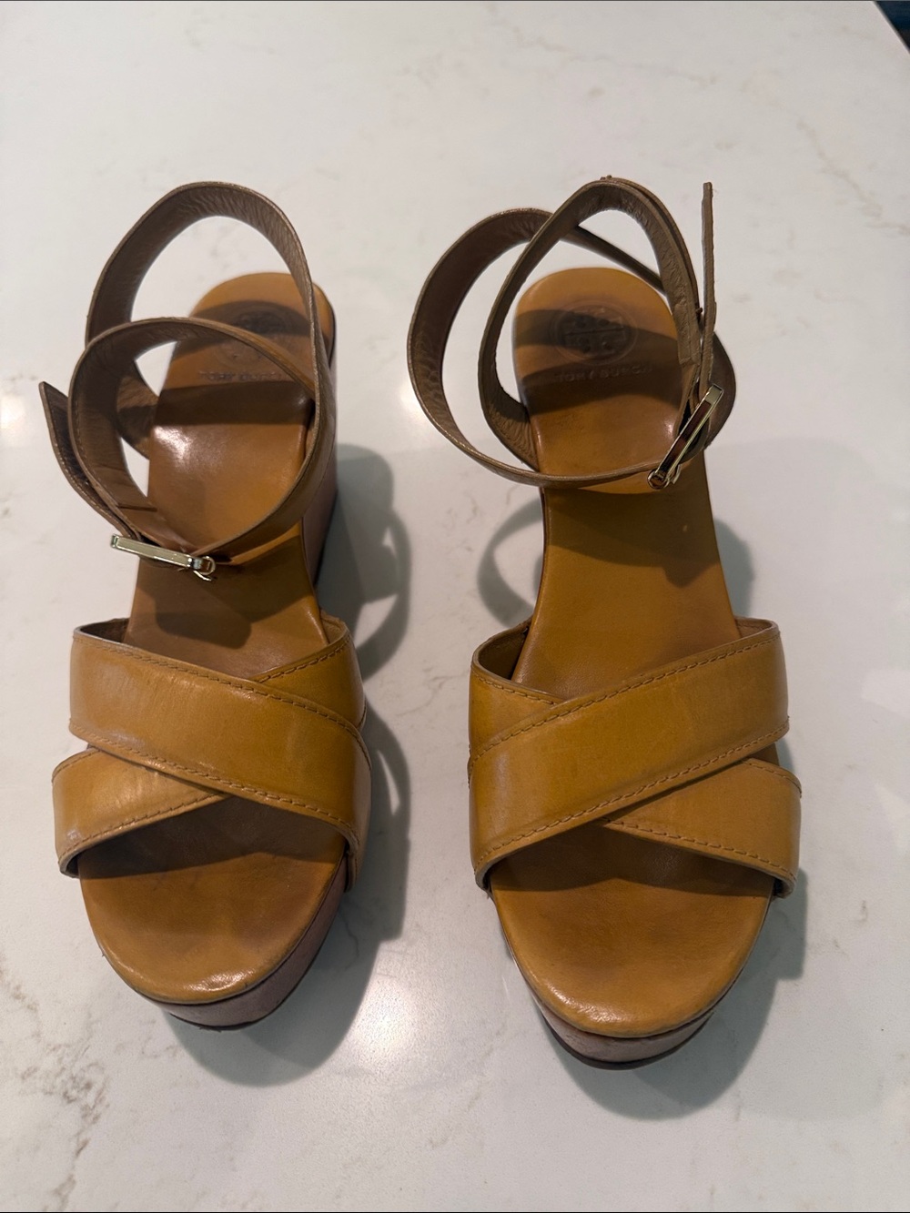 Tory Burch Mustard Leather Crisscross Platform Sandals
